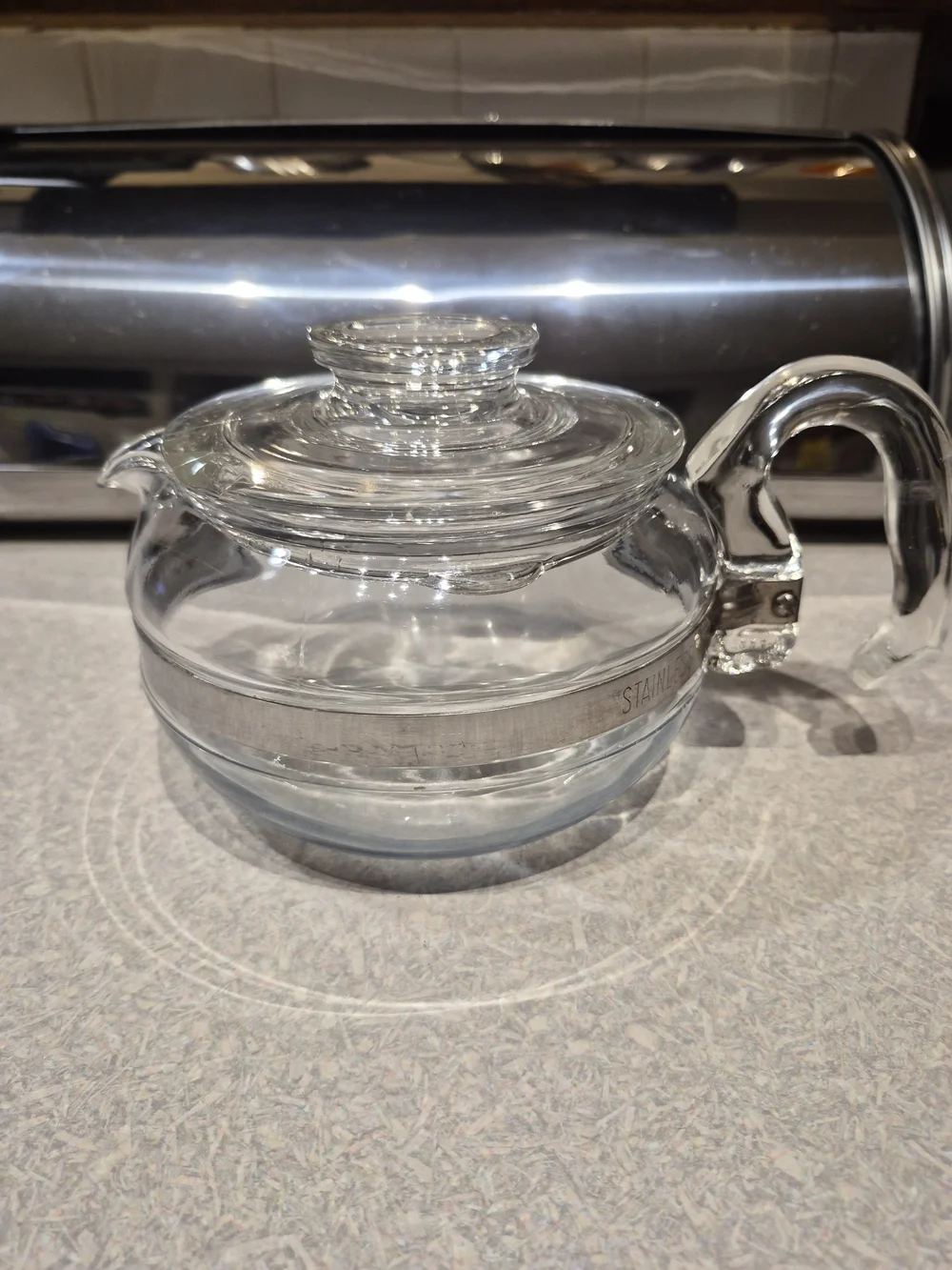 Clear Glass Teapot with Silver Band - Home Kitchen